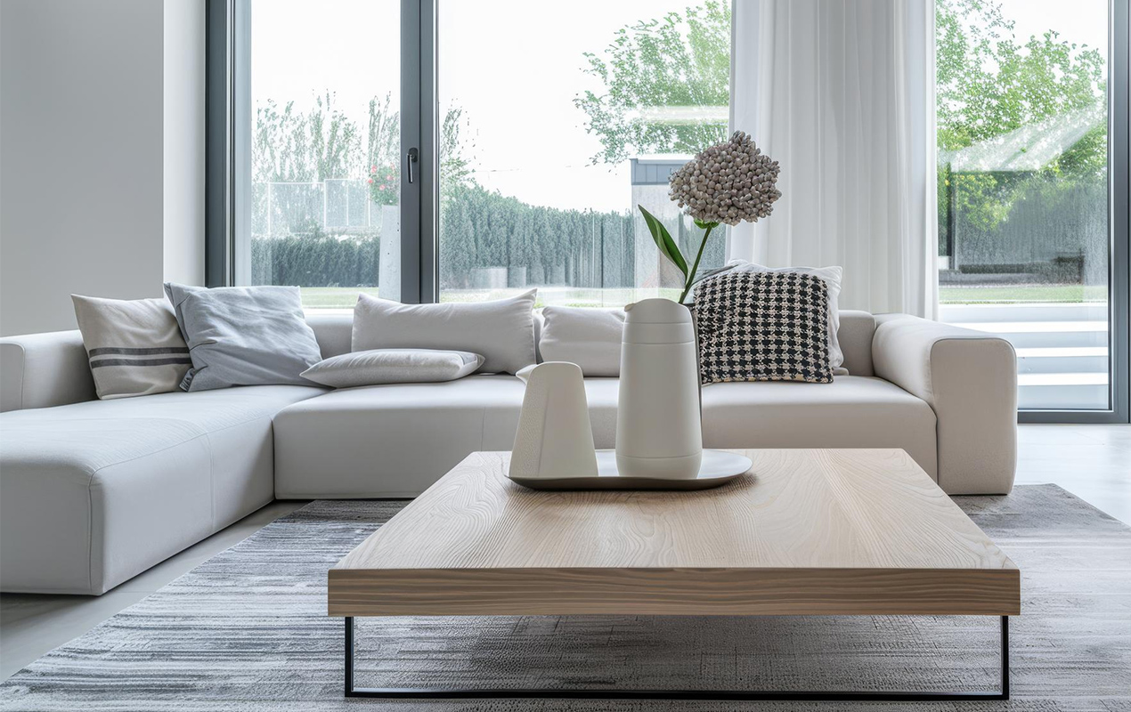 White living room interior with veneer furniture