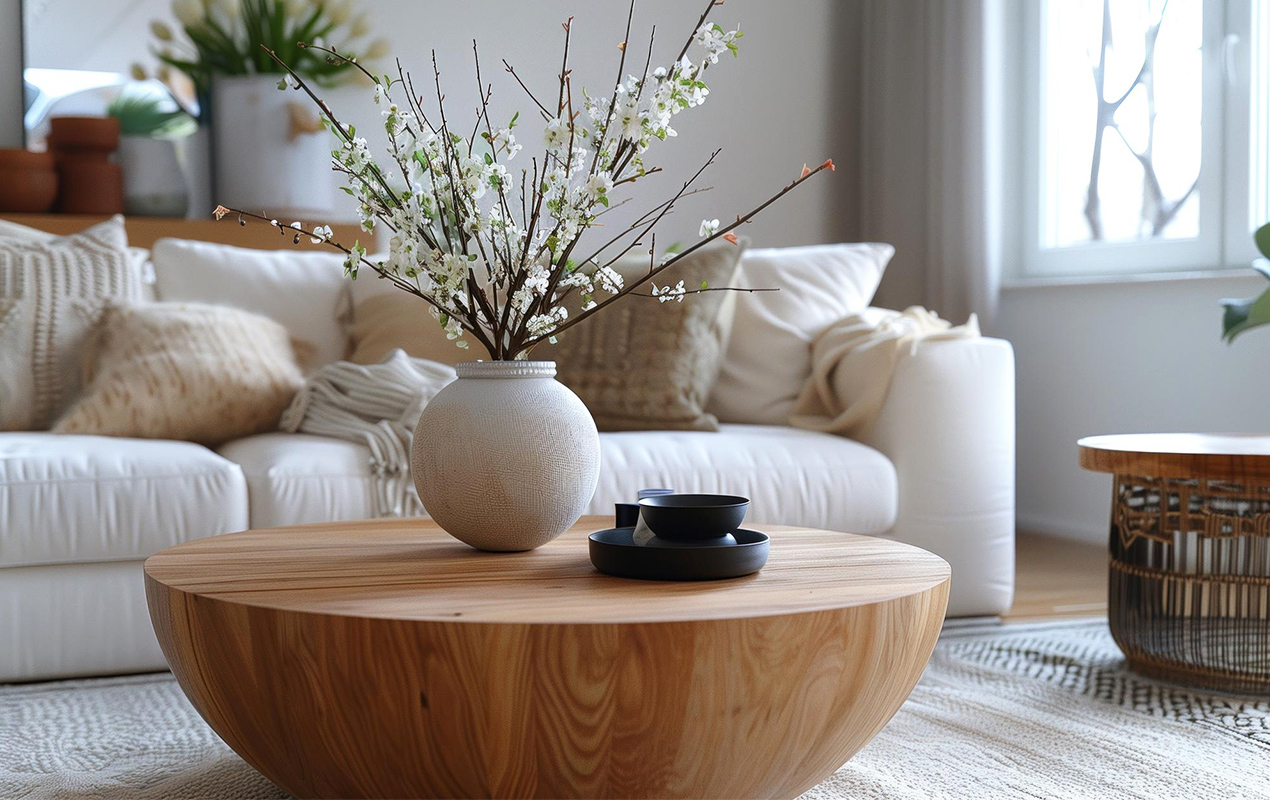 Modern living room with wooden furniture.