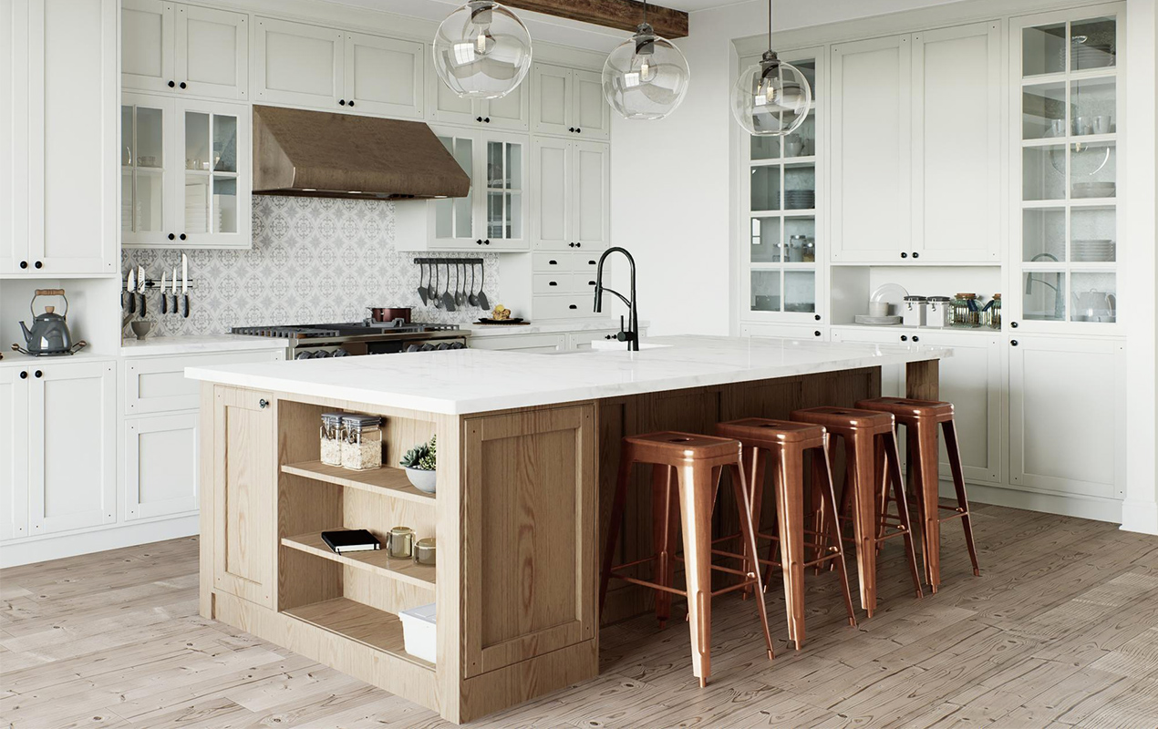 White kitchen interior with wooden kitchen island