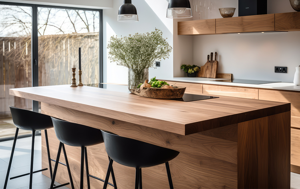 Modern home interior with wooden kitchen island