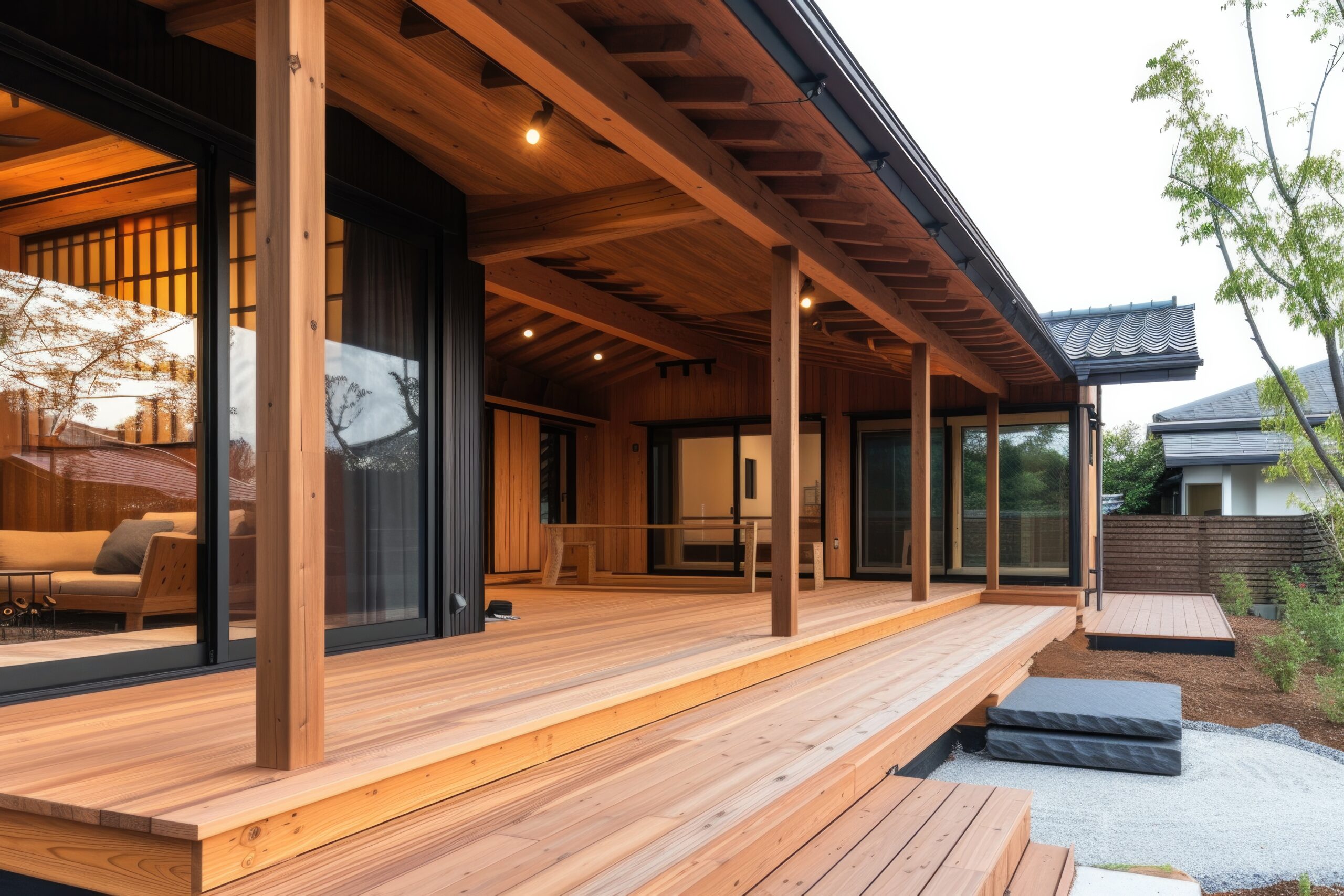 a beautiful wooden house, close up porch, minimalist wooden material architecture design